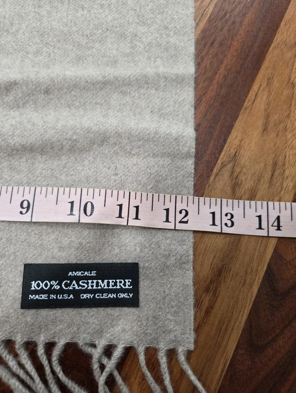 Vintage Amicale 100% Cahmere Made In USA Tan/Beige Scarf With Frindge